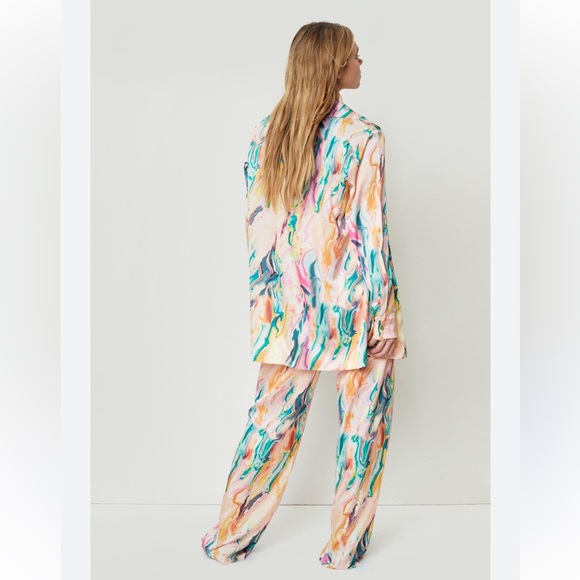 Nasty Gal Satin Marble Colorful Two Piece Wide Leg Pants Set US12 - Picture 12 of 14